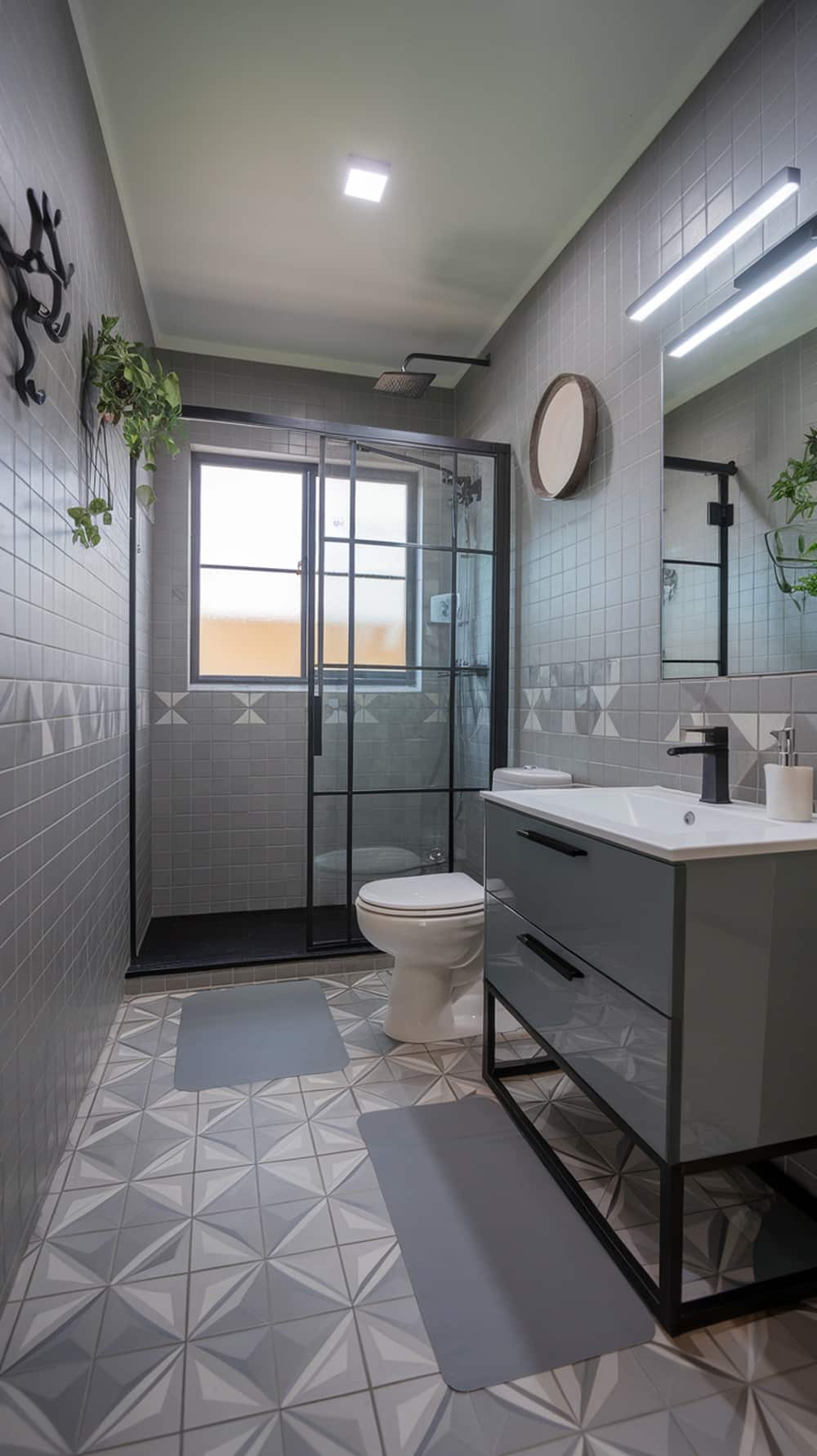 A modern bathroom featuring gray tiles with geometric patterns, a sleek sink, a toilet, and a round mirror.