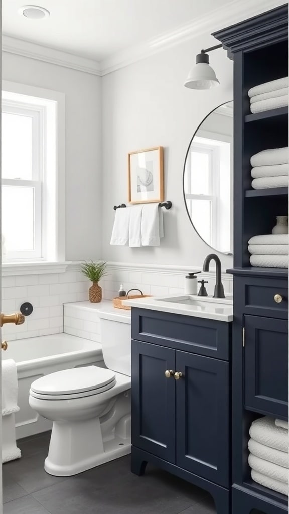 A stylish navy blue bathroom featuring a tall storage cabinet, a vanity with drawers, and neatly stacked towels.