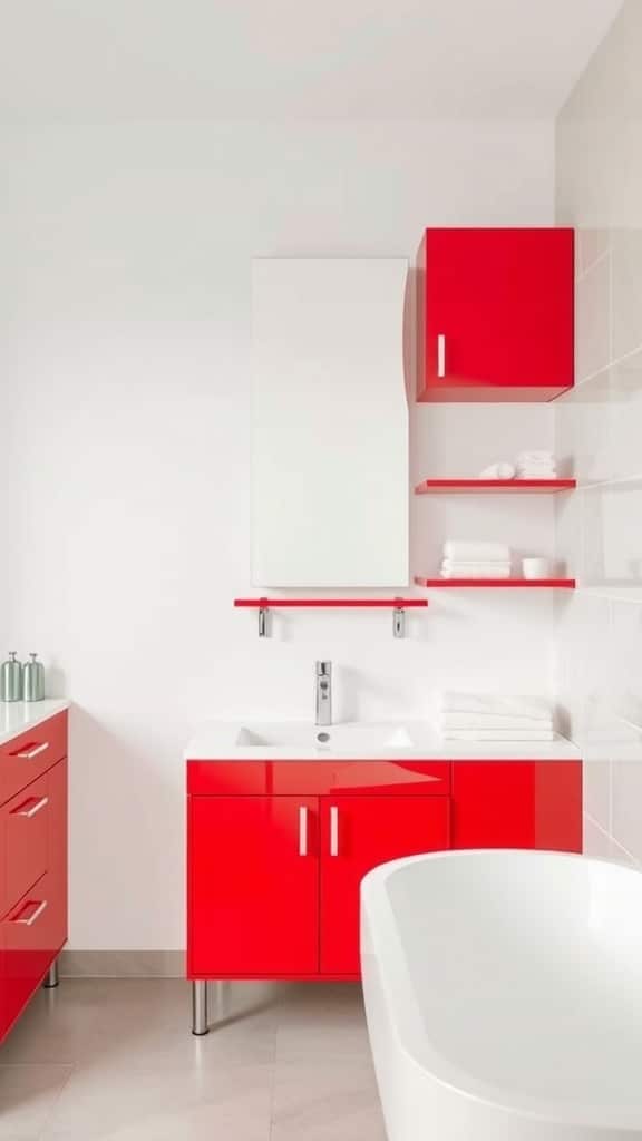 A minimalist red bathroom featuring sleek red storage cabinets and shelves.