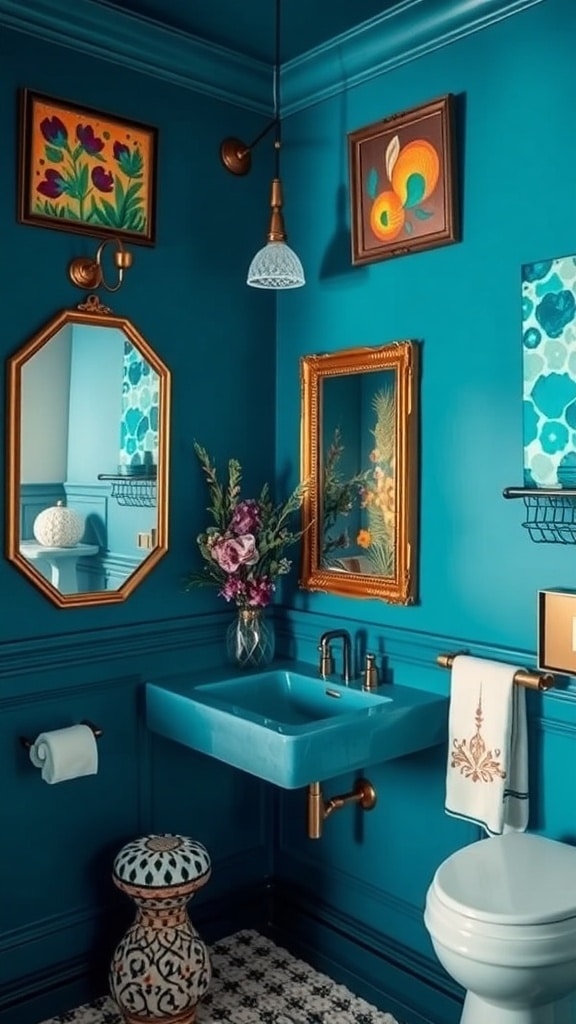 A peacock blue bathroom featuring artistic wall decor, including vintage portraits and a round mirror, with a touch of greenery.