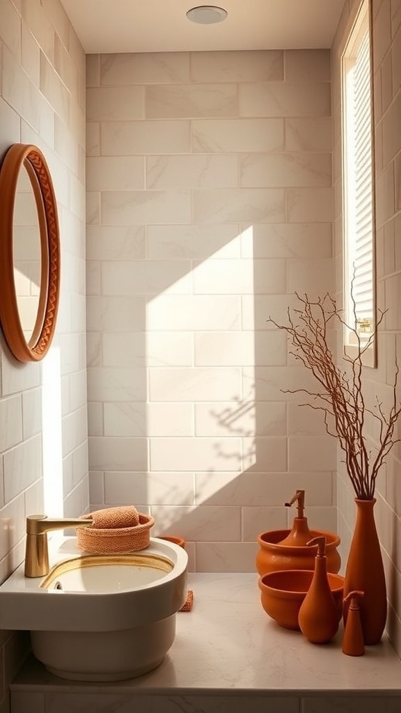 A cozy bathroom with terracotta accents, featuring a round mirror, terracotta containers, and natural light.