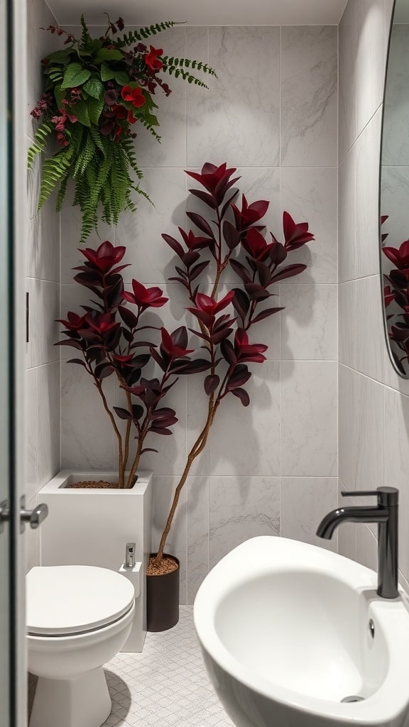 A burgundy-themed bathroom with plants, featuring a tall burgundy plant and wall-mounted greenery.