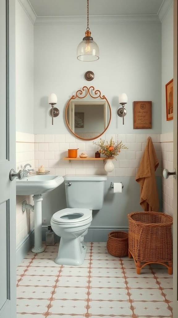 A vintage-style bathroom featuring dusty blue walls, a white sink and toilet, an ornate mirror, and woven baskets.