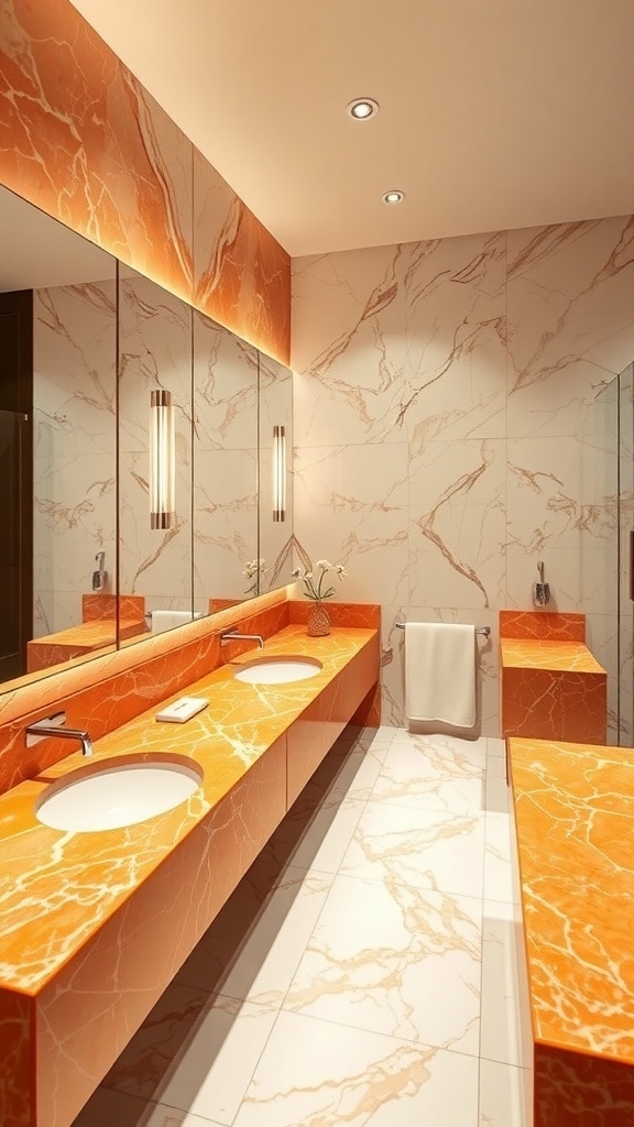 Luxurious bathroom featuring orange marble countertops and modern fixtures.