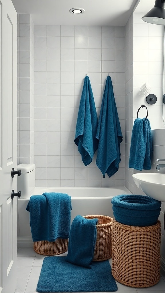 A light blue bathroom featuring deep blue towels and woven baskets.