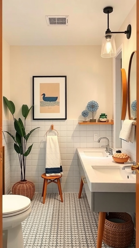 A mid-century bathroom featuring indigo tiles, framed artwork, a decorative mirror, and stylish decor items.