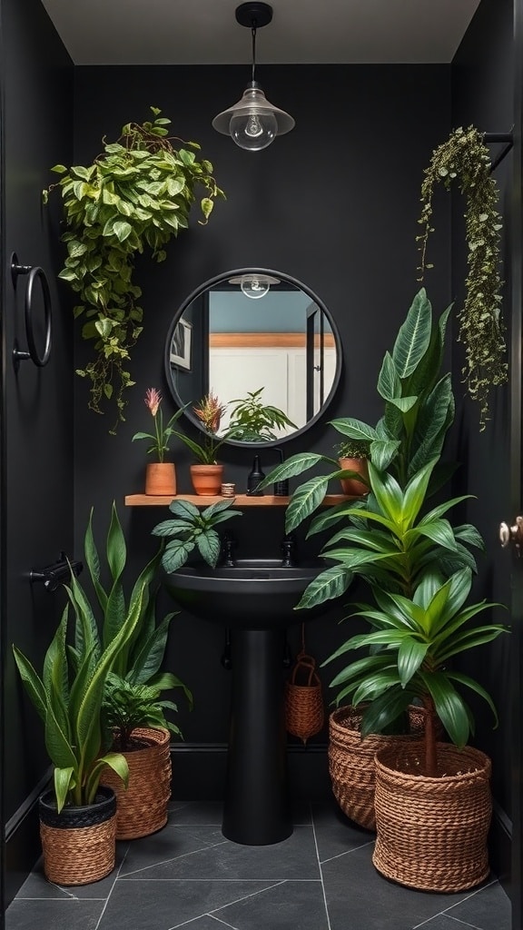 A black bathroom featuring various plants in woven baskets, a round mirror, and a sleek black sink.