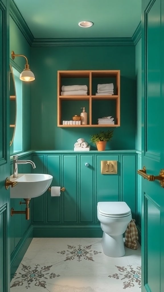 A vibrant emerald green bathroom featuring open shelving with neatly arranged towels and toiletries, complemented by gold fixtures.