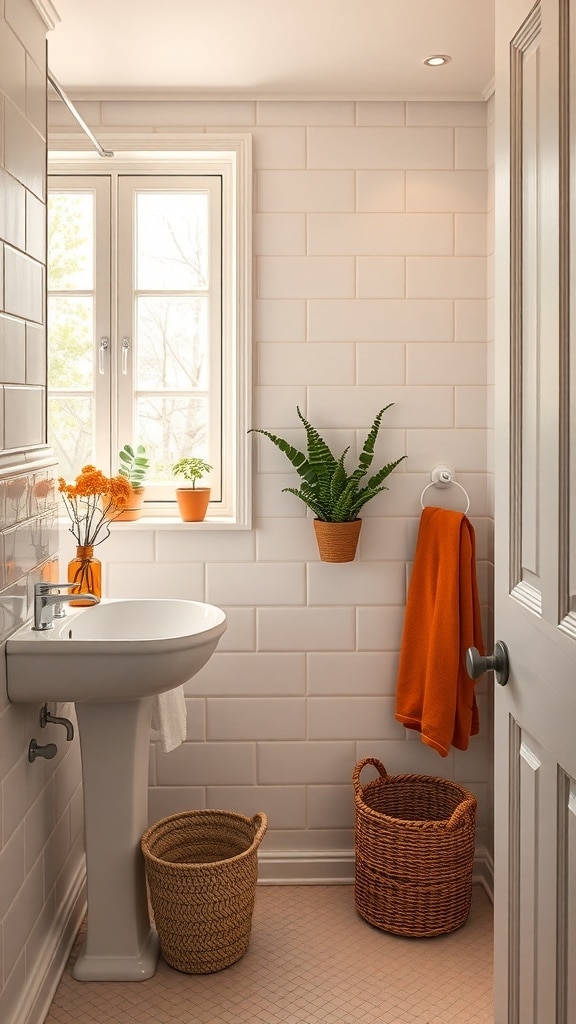 A small bathroom featuring white tiles, natural light from a window, and rust orange accents.