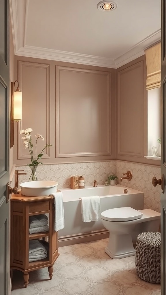 A cozy taupe bathroom featuring a bathtub, wooden accents, and warm lighting.