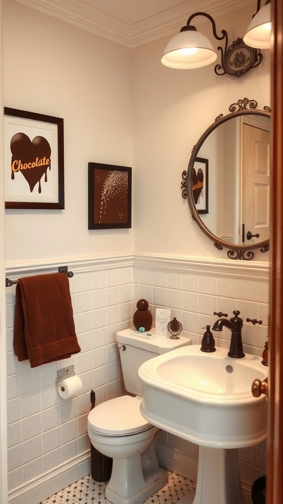 A cozy bathroom with chocolate-themed artwork, featuring framed prints and warm brown accents.