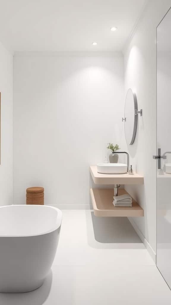 A sleek minimalist bathroom featuring white walls, a floating vanity, and bold wall art.