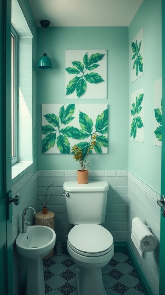 A bathroom featuring green leaf wall art, minty green walls, and a small plant.