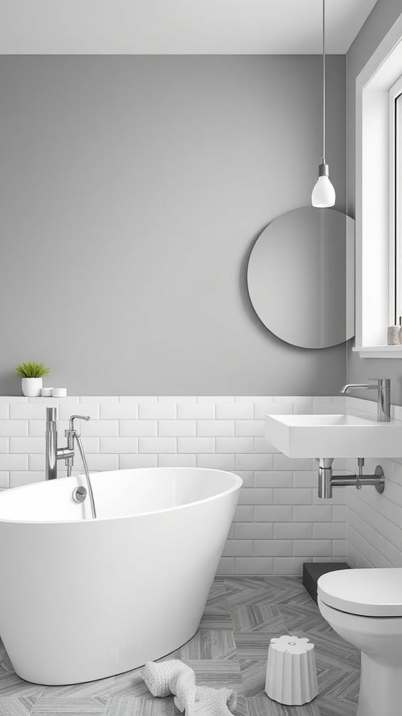 A modern gray and white bathroom featuring a freestanding tub, white tiles, and natural light.