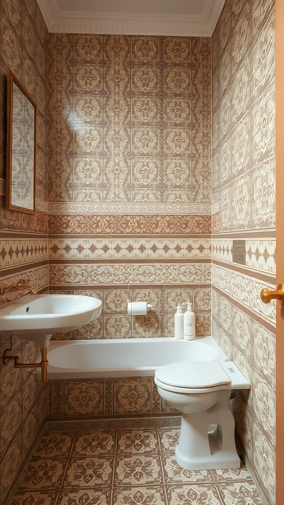 A vintage taupe bathroom with classic tile designs on the walls and floor.