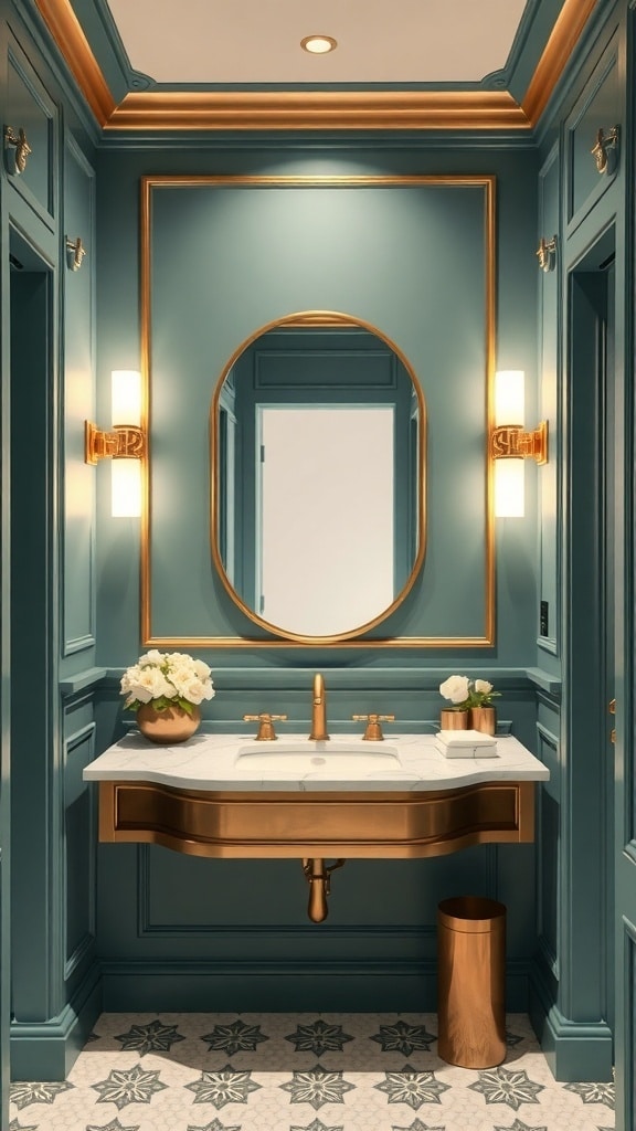 A modern bathroom featuring teal walls, gold accents, and a stylish vanity with a marble countertop.