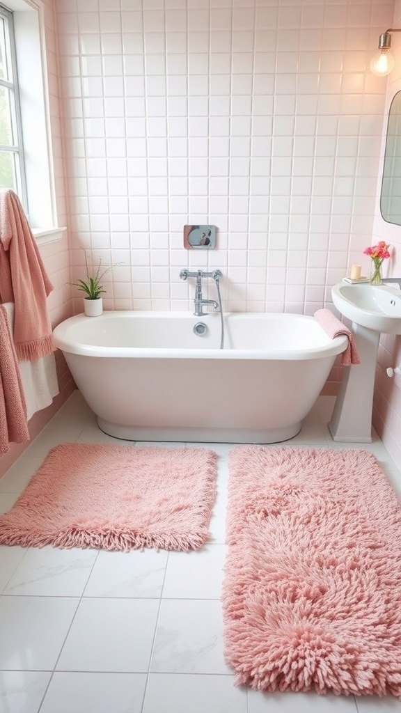 A cozy pink bathroom featuring fluffy pink rugs, a white bathtub, and pastel pink tiles.