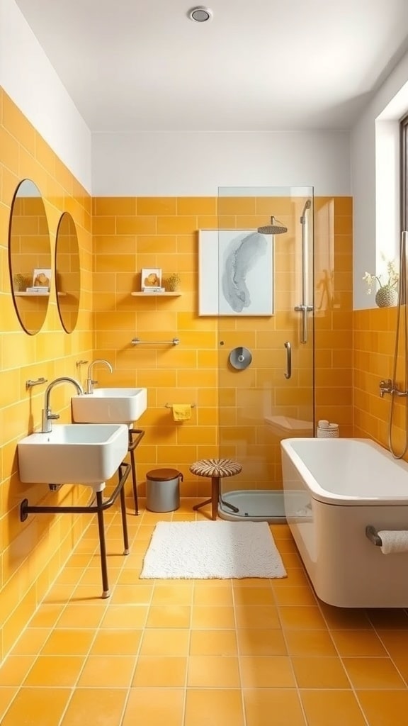 Modern bathroom with mustard yellow tiles, white fixtures, and round mirrors