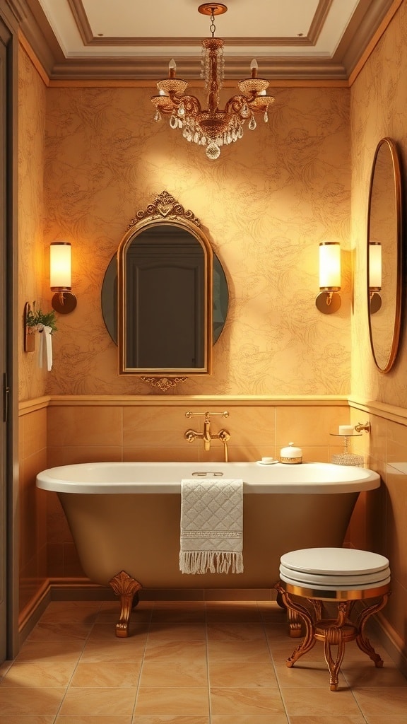 Elegant bathroom with caramel walls, gold accents, and a freestanding bathtub.