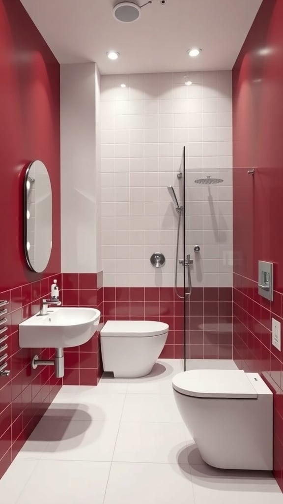 A modern bathroom featuring burgundy walls and white fixtures.