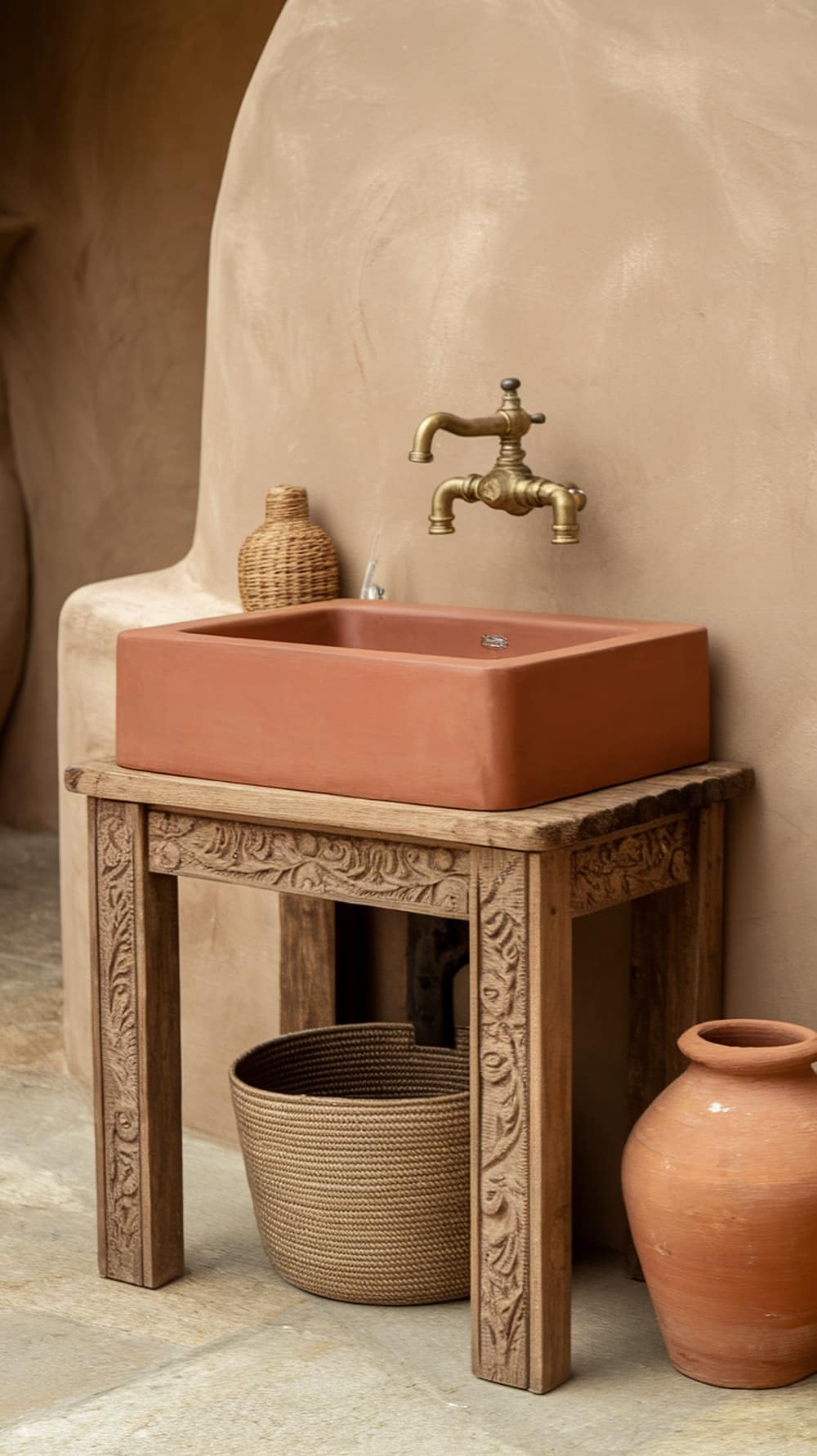 A terracotta sink with a classic design, featuring a smooth finish and a warm, earthy tone.