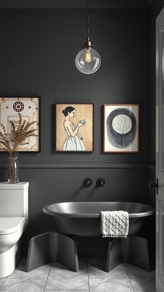 Artistic wall decor in a charcoal gray bathroom featuring various framed artworks and a clock.