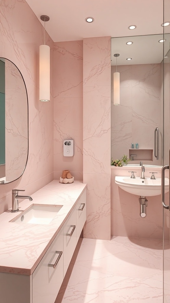 A modern bathroom featuring pink marble countertops and elegant fixtures.