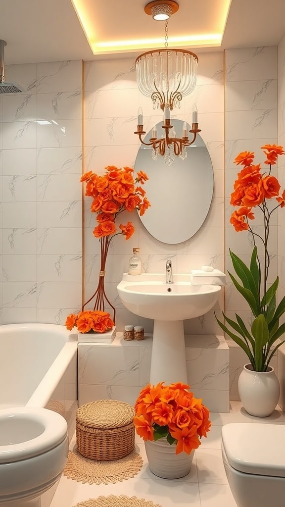 A luxurious bathroom featuring vibrant orange floral arrangements, a stylish chandelier, and modern fixtures.