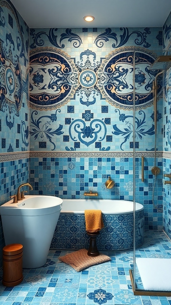 A beautifully designed bathroom featuring blue mosaic tiles with intricate patterns, gold fixtures, and a modern bathtub.