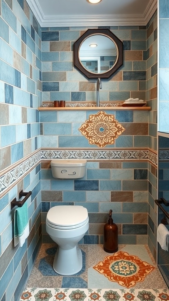 A bathroom featuring dusty blue tiles, patterned floor tiles, and a circular mirror.