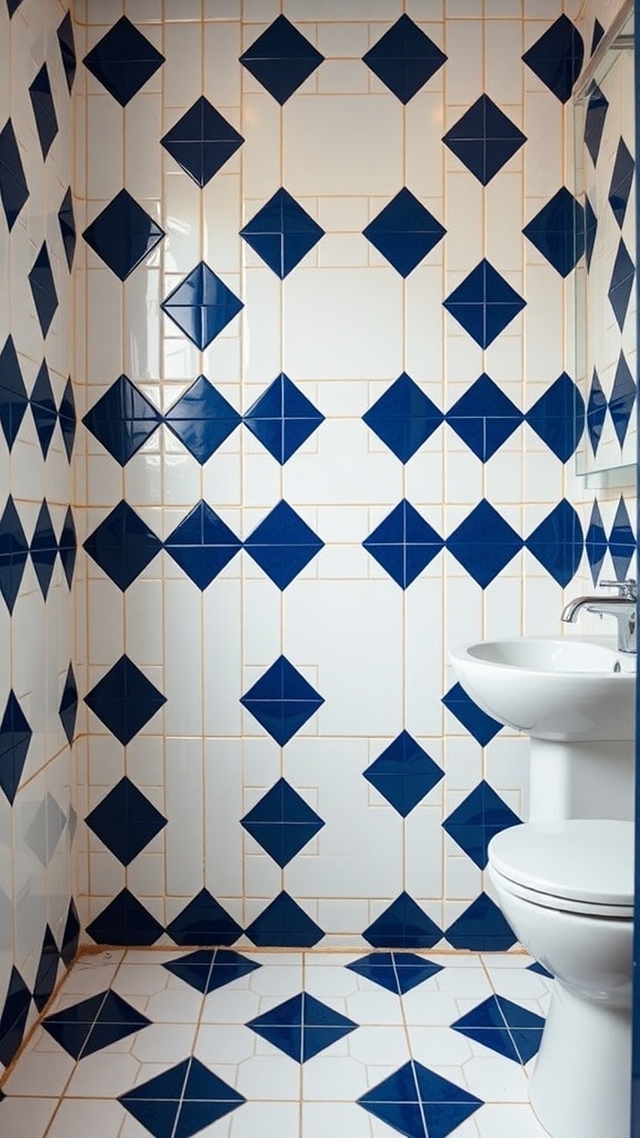 Bathroom with geometric indigo and white tile pattern