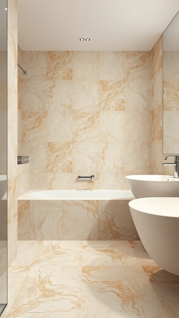 Luxurious bathroom with greige tiles and modern fixtures