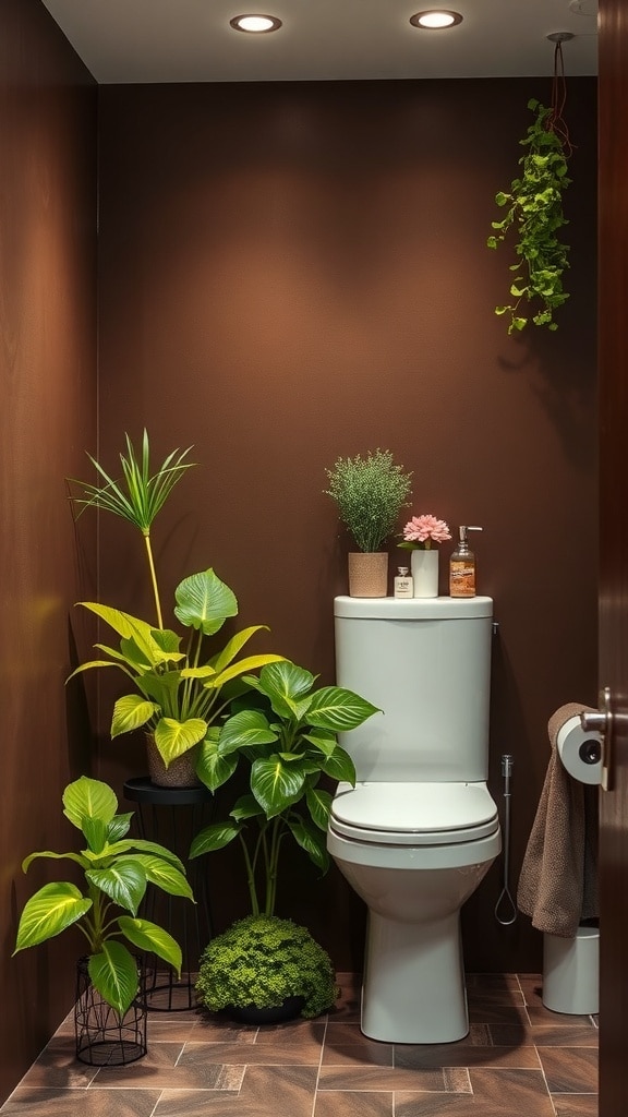 A cozy bathroom with chocolate brown walls and various plants, including tall leafy ones and a pink flower, creating a fresh and inviting atmosphere.