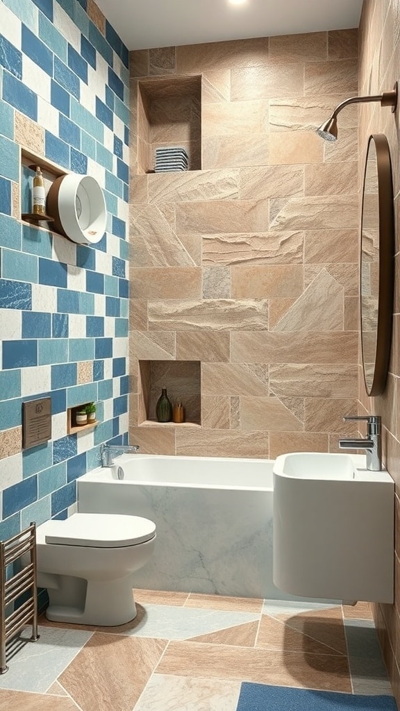 A bathroom featuring natural stone accents with earthy tones and blue tiles.