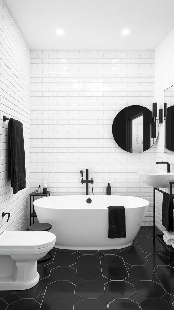 A modern black and white bathroom featuring a freestanding bathtub, black hexagonal floor tiles, and white subway tile walls.