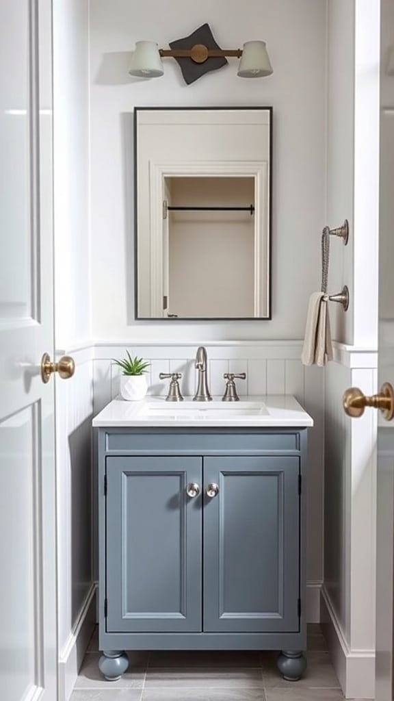 A sleek slate blue bathroom vanity with a white countertop and modern fixtures.