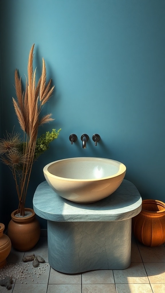 A ceramic vessel sink on a stone base in an earthy blue bathroom, surrounded by plants and pots.