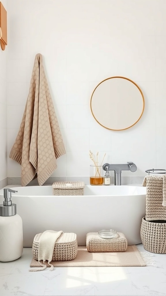 A greige bathroom with textured towels, woven storage baskets, and a round mirror.