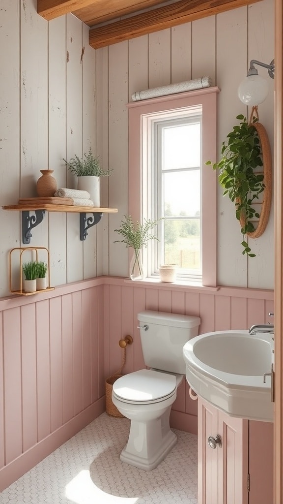 A rustic blush pink bathroom featuring floral tiles, wooden shelves, and natural elements.