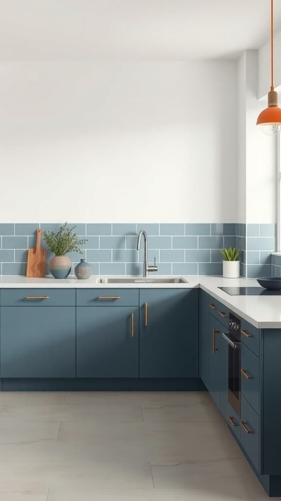 A modern slate blue kitchen workspace with white countertops and gold accents.