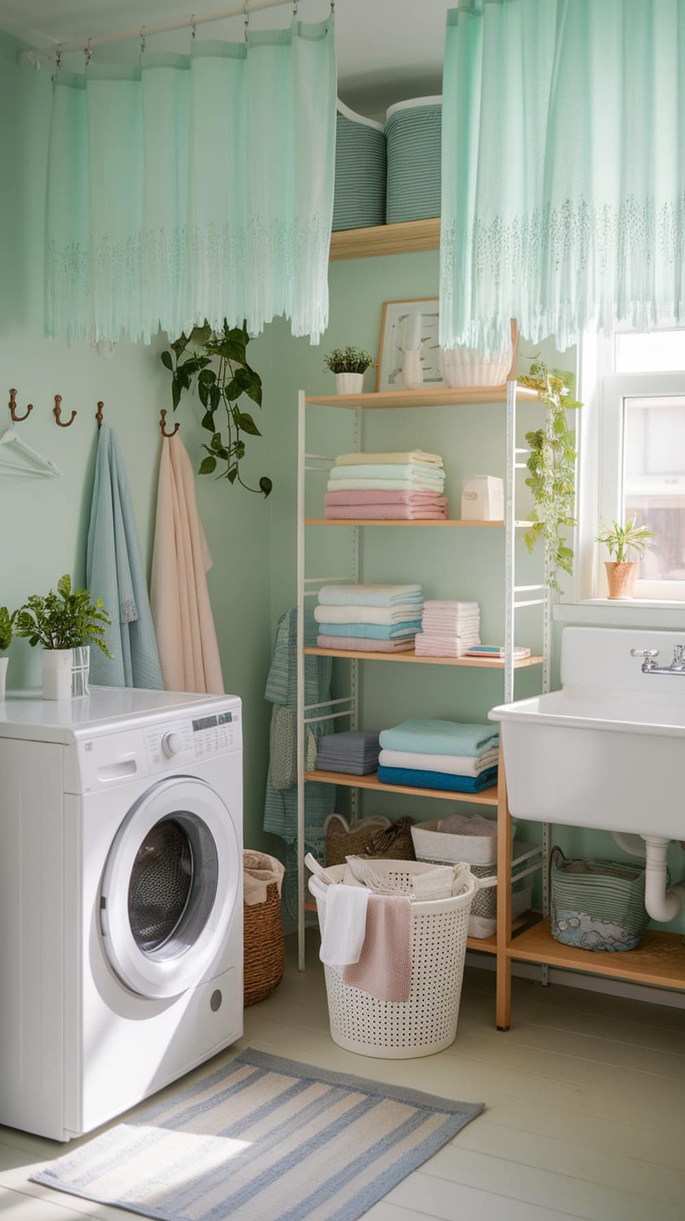 A laundry room featuring soft mint curtains, a washing machine, and neatly arranged towels.