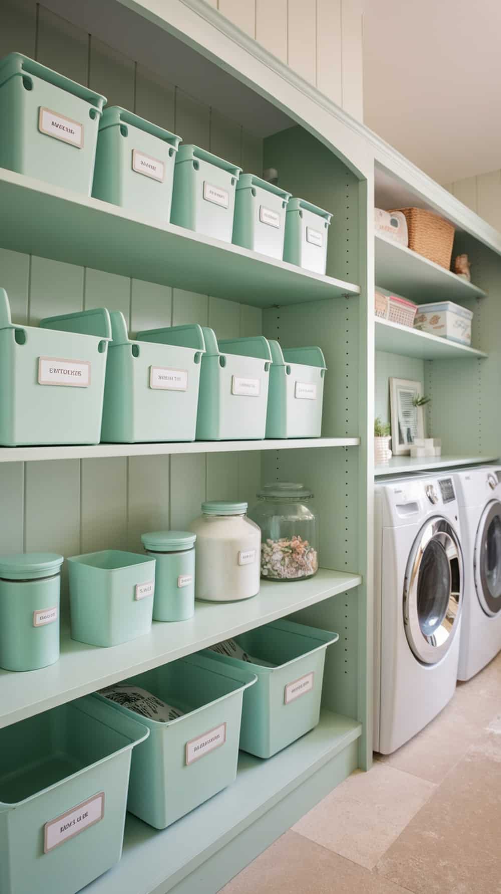 Mint green storage bins with labels in a laundry room