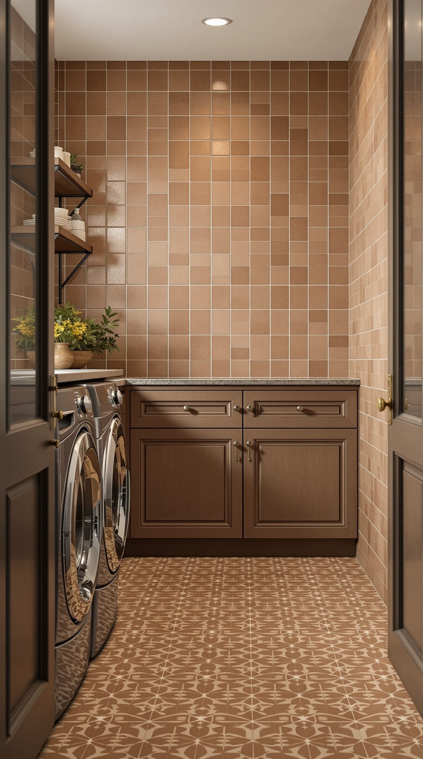 A cozy laundry room featuring earthy brown tile patterns on the floor and walls, with modern appliances and wooden cabinets.