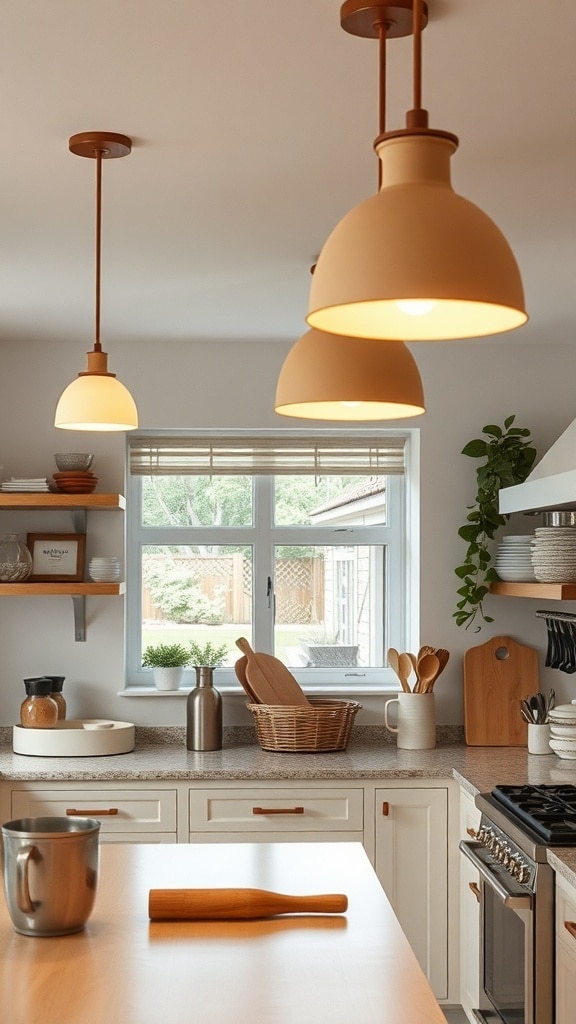Three beige pendant lights hanging above a kitchen island, providing warm light in a neutral beige kitchen.