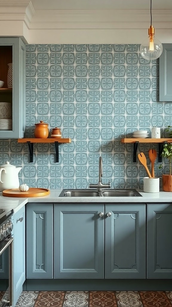 A kitchen featuring dusty blue backsplash tiles with intricate patterns, light cabinetry, wooden shelves, and kitchen accessories.