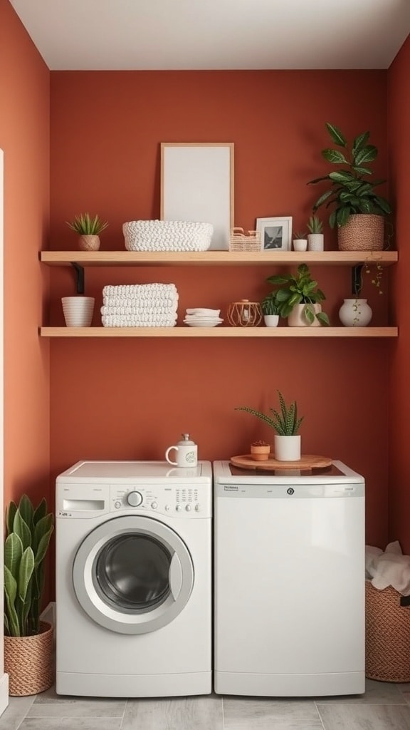 Laundry room with burnt sienna accent wall, white appliances, and decorative shelves