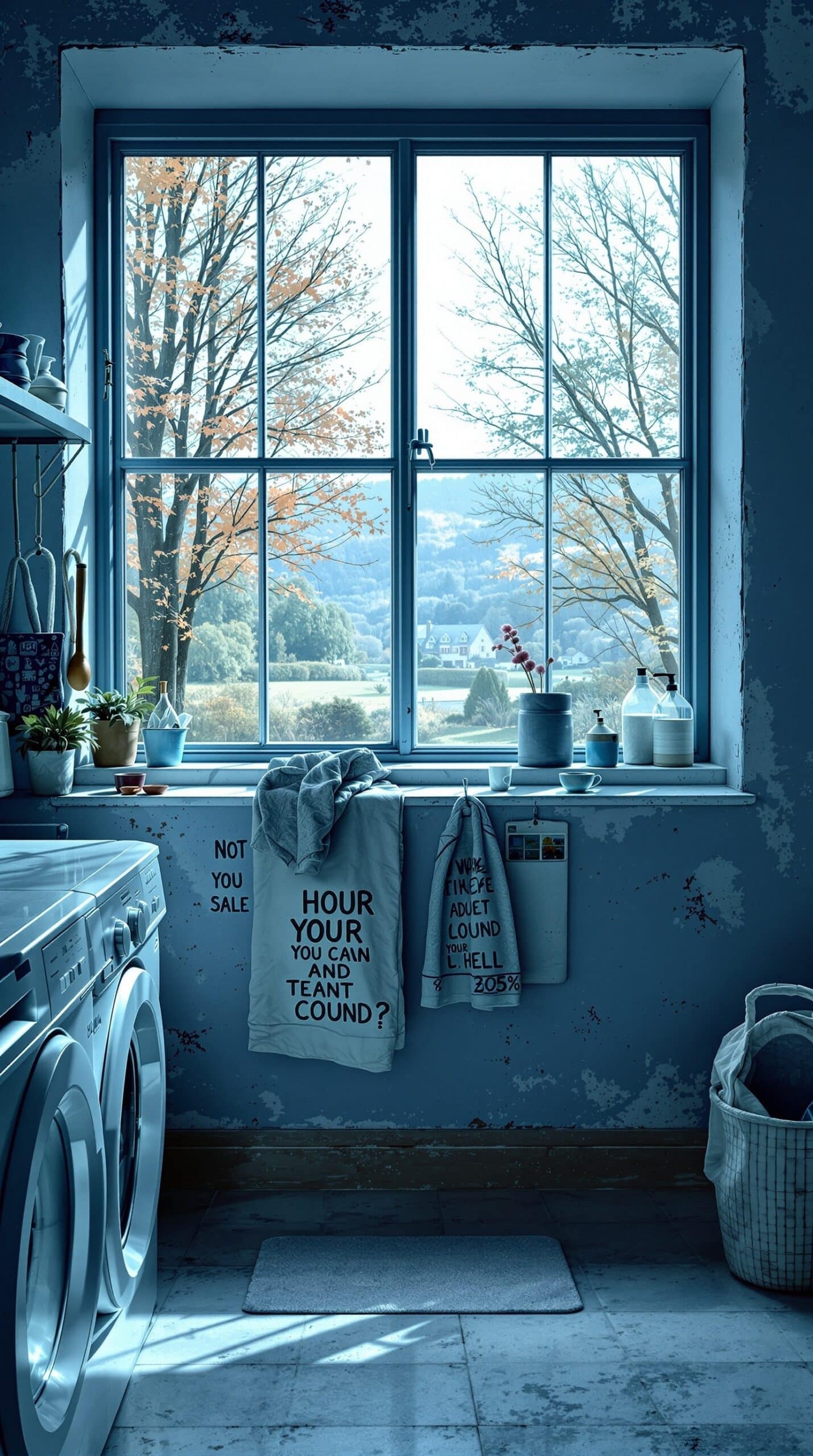 A dusty blue laundry room with a large window showcasing a scenic view of trees and hills.