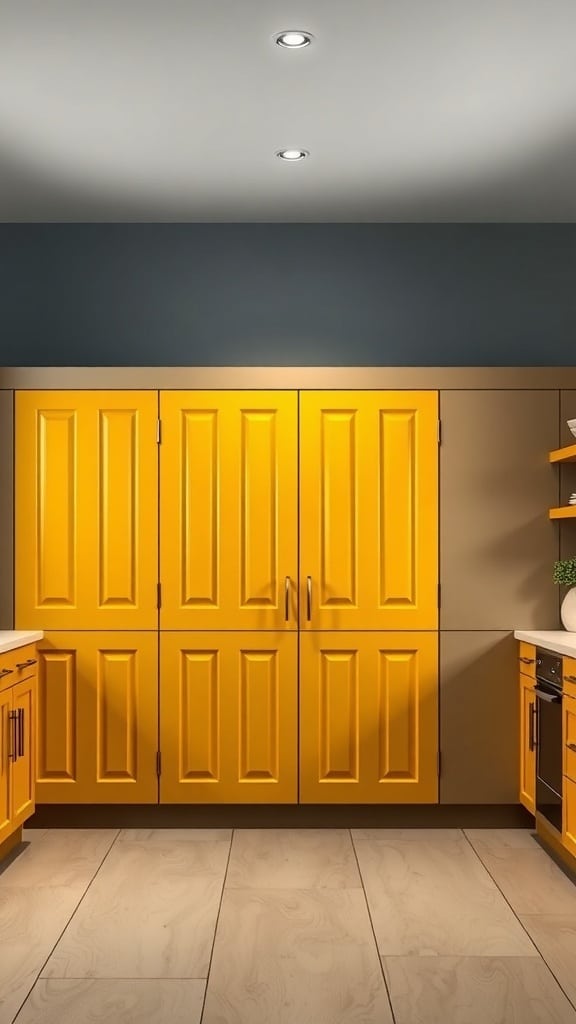 Mustard yellow pantry doors in a modern kitchen