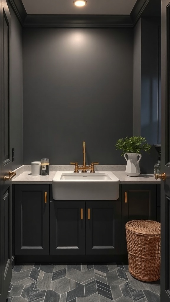 Stylish charcoal gray utility sink area with a white sink, gold fixtures, and decorative elements.