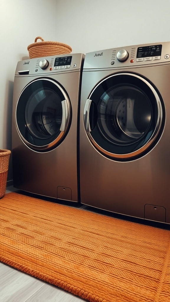 A vibrant orange textured rug in front of modern washing machines in a stylish laundry room.